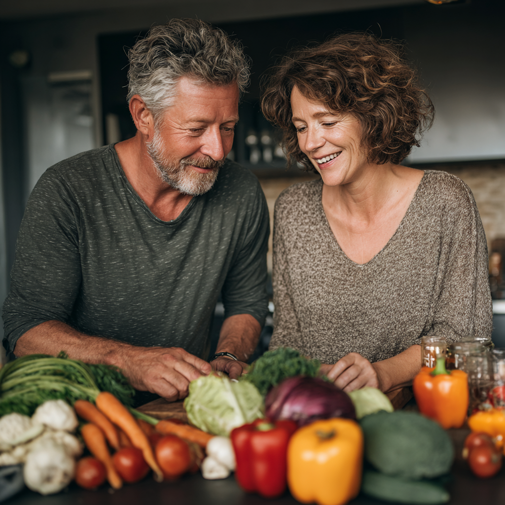 Happy mature couple in their early 50s preparing healthy vegetables together in a bright modern kitchen, both smiling and engaged in meal preparation with colorful fresh ingredients spread on the counter