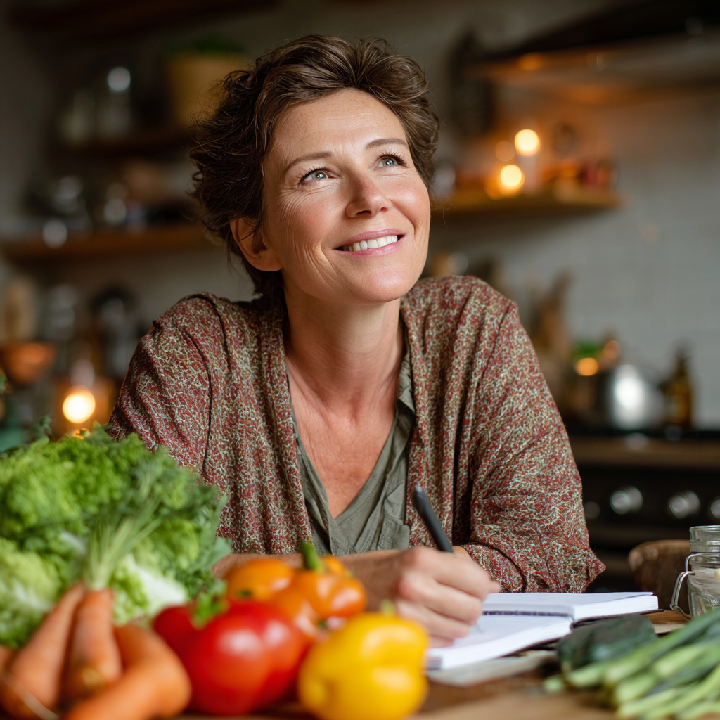 Smiling middle-aged woman in her late 40s with short brown hair sitting at a kitchen table with fresh vegetables and a notebook, planning her healthy meals with a warm and content expression